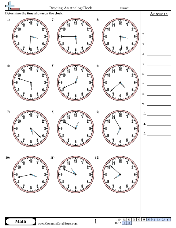 Reading a Clock (1 Minute Increments) worksheet